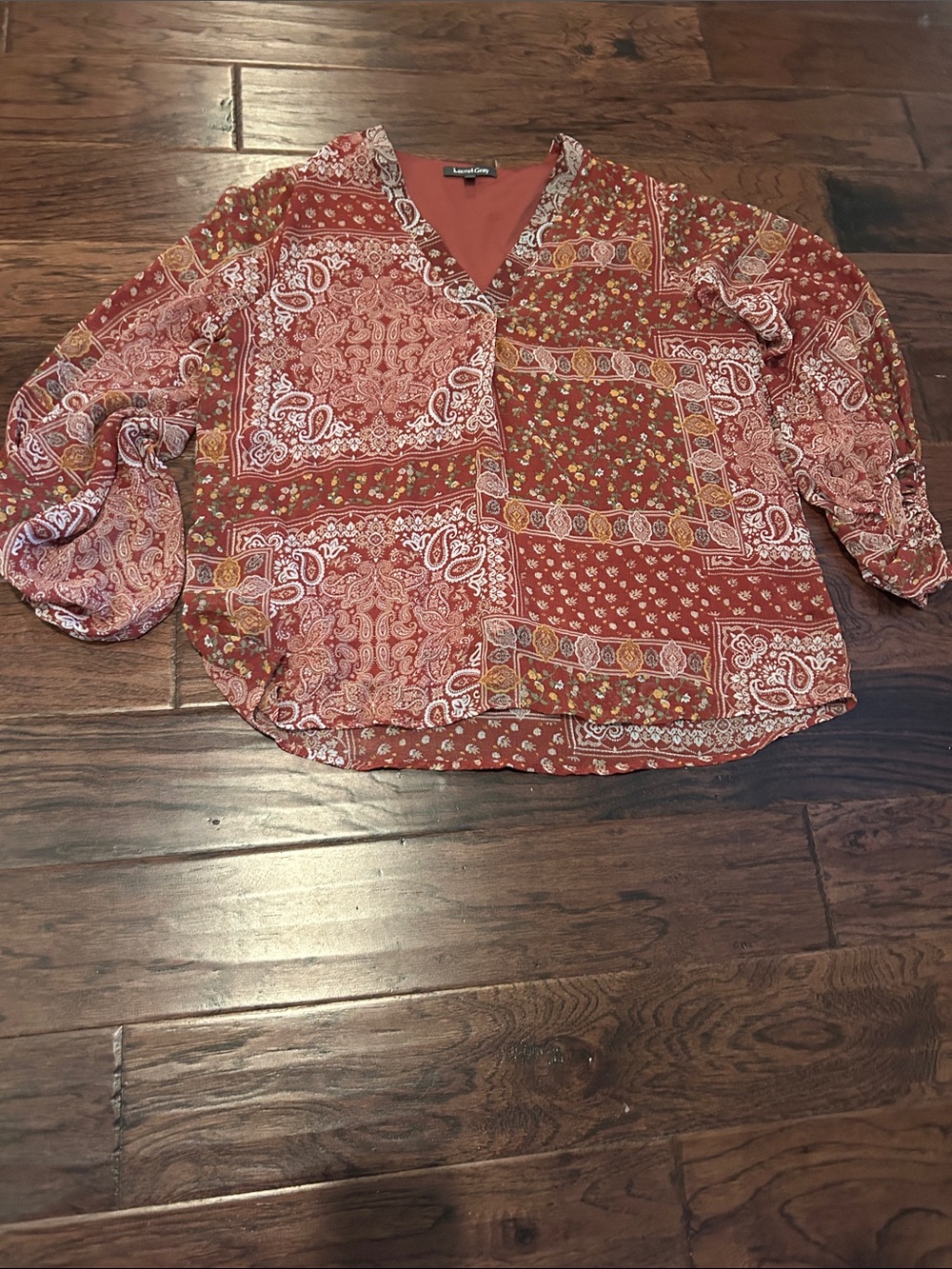 Laurel Grey Burgundy Rust Paisley V-Neck Women's Blouse